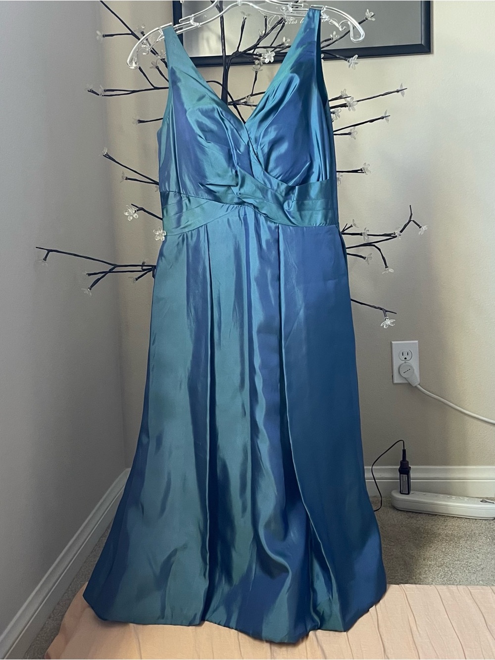 Maggy London Teal-Blue Satin V-Neck Maxi Slip Dress